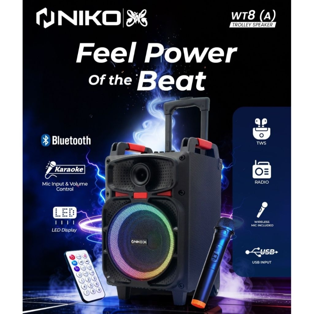NIKO SPEAKER PORTABLE BLUETOOTH TROLI  8 INCH WT8 (A)
