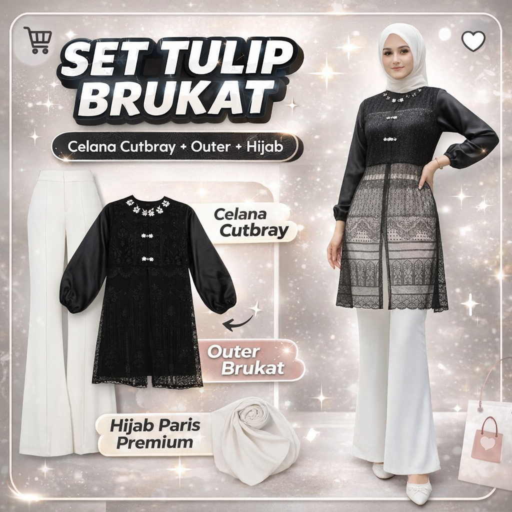 Onest outer tunik tulip brukat hitam, celana cutbray, hijab Setelan 3in1 Brokat Modern LA125