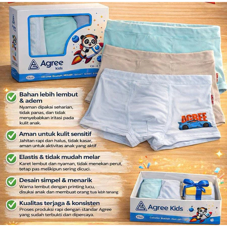 1Box(Isi 3Pcs) Boxer Anak Agree Kids CD-A 509 Ukuran M-XXL Lembut Adem