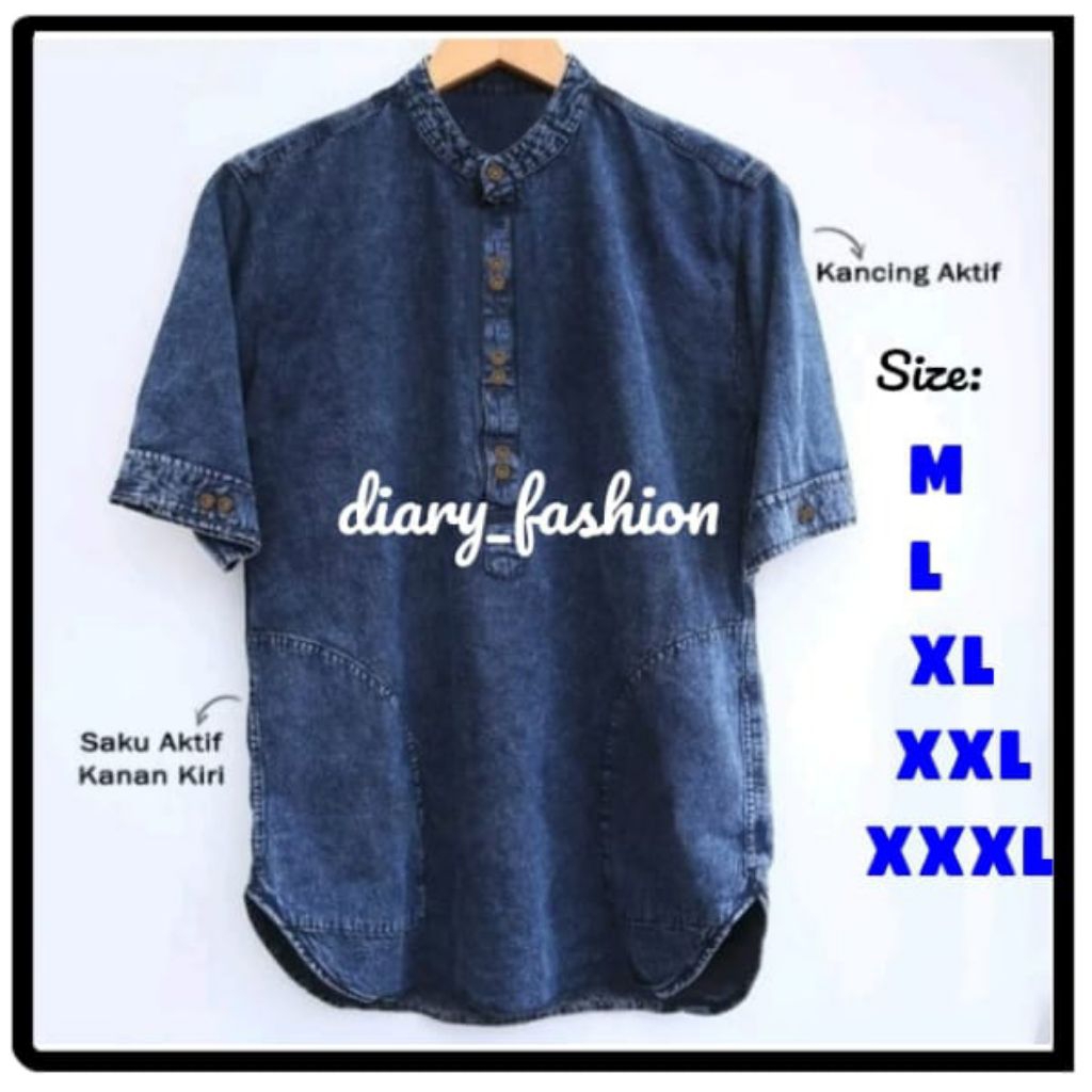Baju Atasan Kurta Jeans Pria Lengan Pendek Jumbo Big size xxl xxxl/Baju Koko Kurta Pria Jumbo Lengan