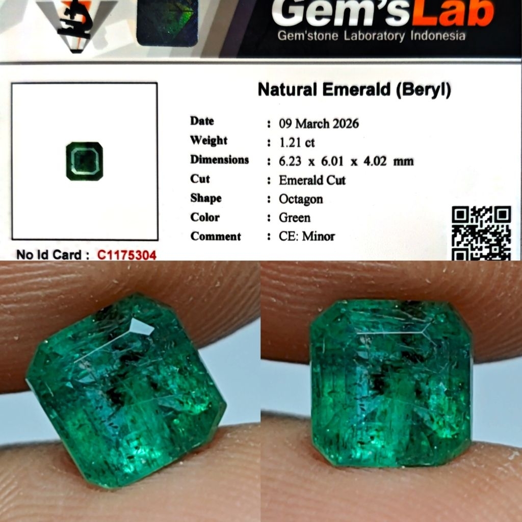 Natural Zamrud Emerald Minor Octagon 1.21ct GLI Material Crystall Warna Ijo Botol Good Luster Siang 