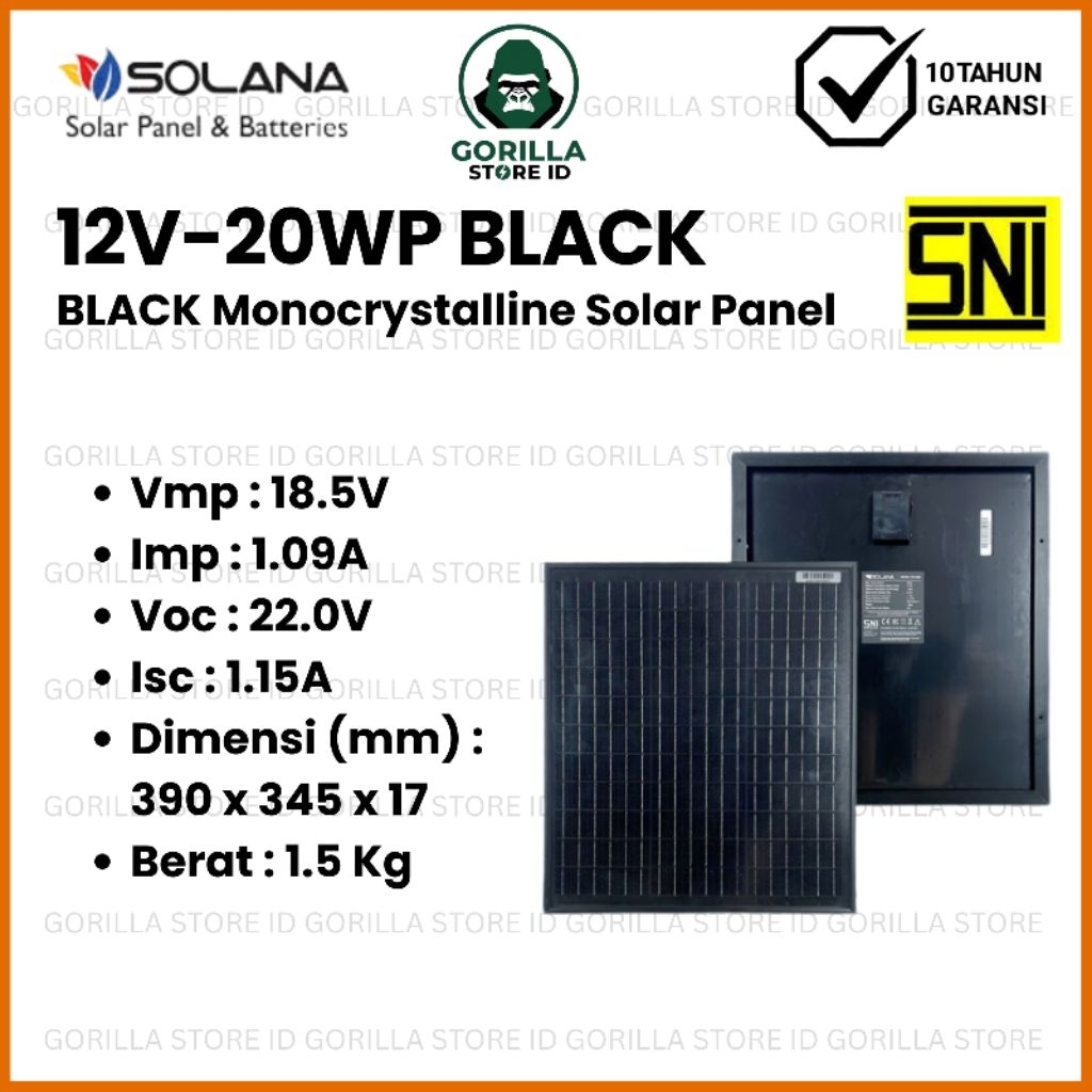 SOLAR PANEL 12V 20WP SOLANA SOLAR CELL MONOCRYSTALLINE BLACK