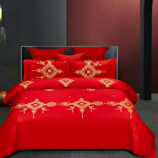 BIOSIBEDDING Sprei Katun Jepang Sutra Motif Merah Wedding Suangxi Merah Chinese - Grosir Sprei Surab
