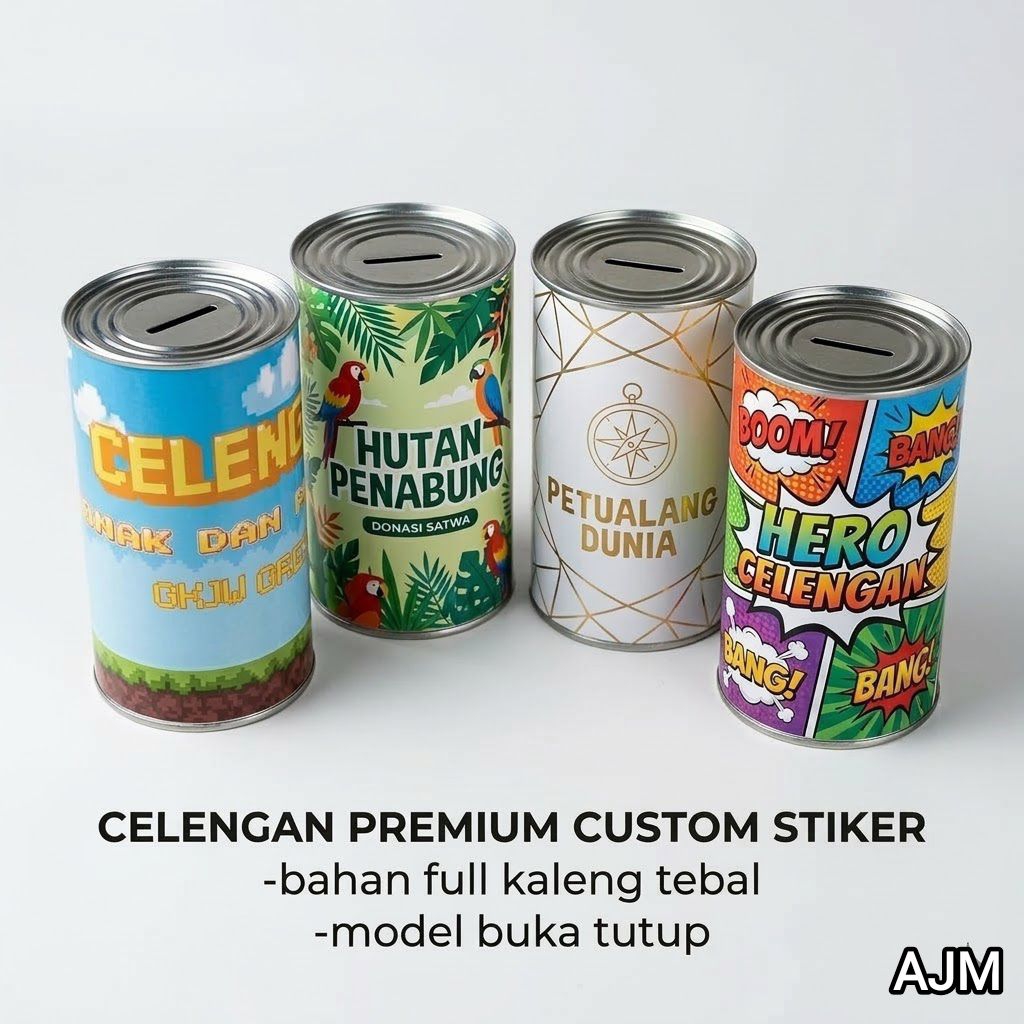 CELENGAN JUMBO CUSTOM STIKER FULL KALENG TEBAL BUKA TUTUP - CELENGAN PREMIUM FULL KALENG - CELENGAN 