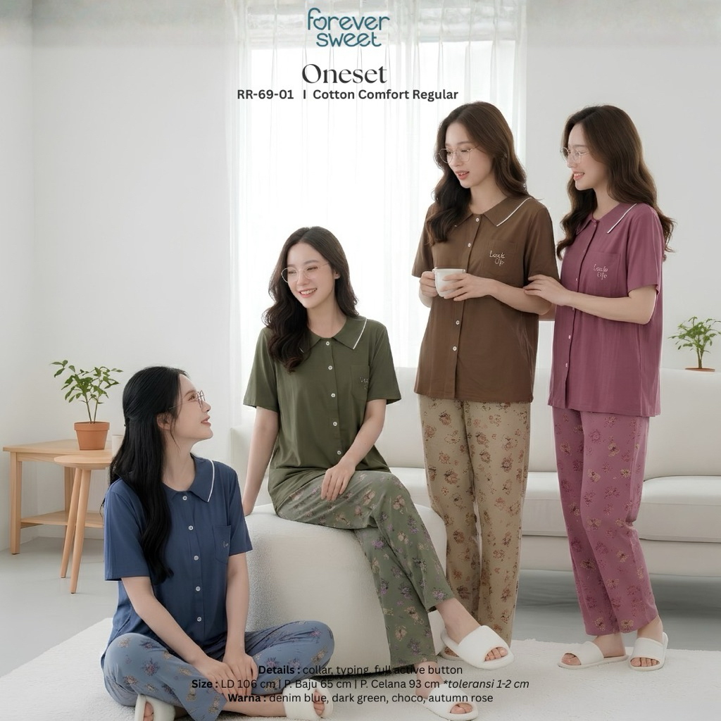 Piyama / Babydoll / baju tidur forever sweet lengan pendek celana panjang full kancing ld 106
