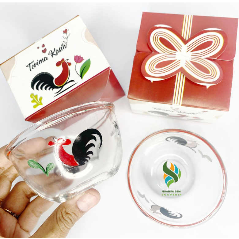 Souvenir MangkokBIB3.75B Ayam Jago Bening Mangkuk Sambal Kaca Bulat Motif Mangkok Bening Kemas Paper