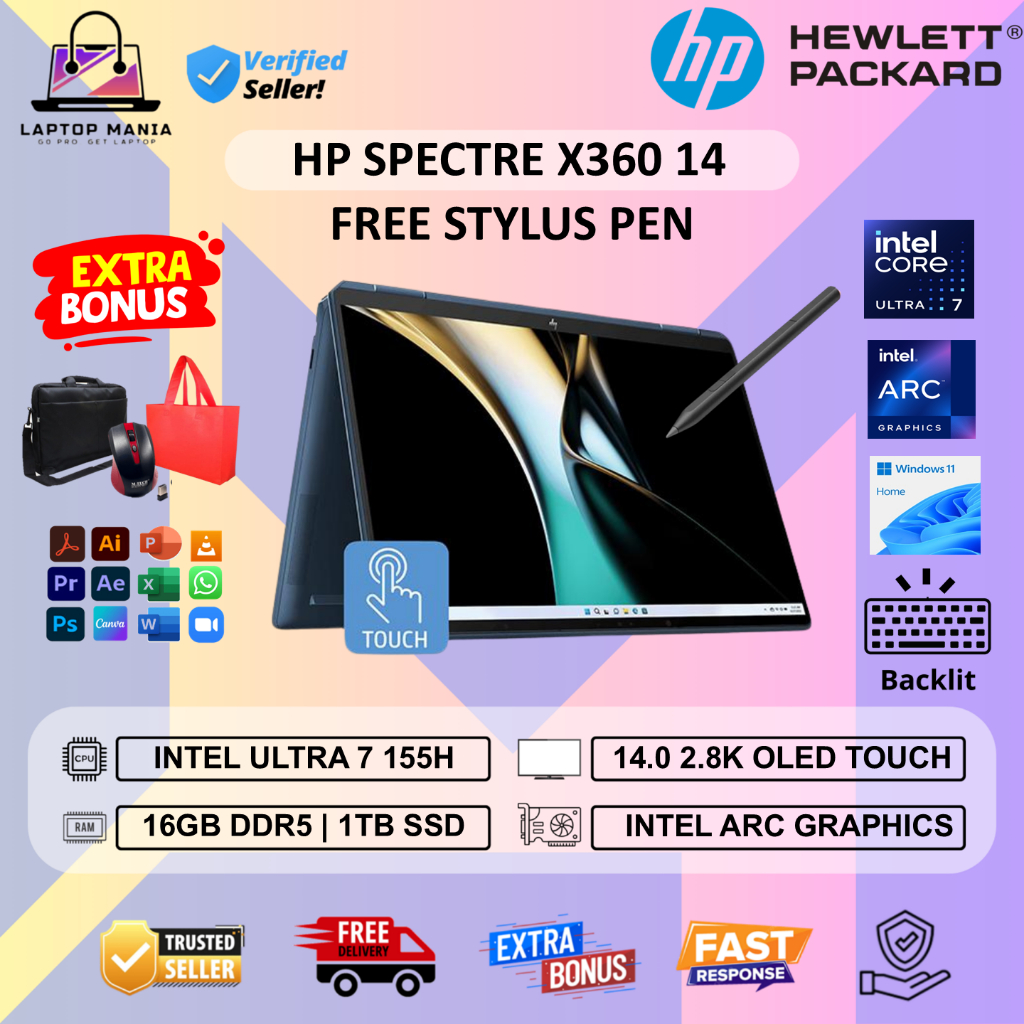 Laptop HP Spectre X360 Intel Evo Ultra 7 155H 16GB DDR5 1TB INTEL ARC 14.0 2.8K OLED TOUCH WIN11HOME