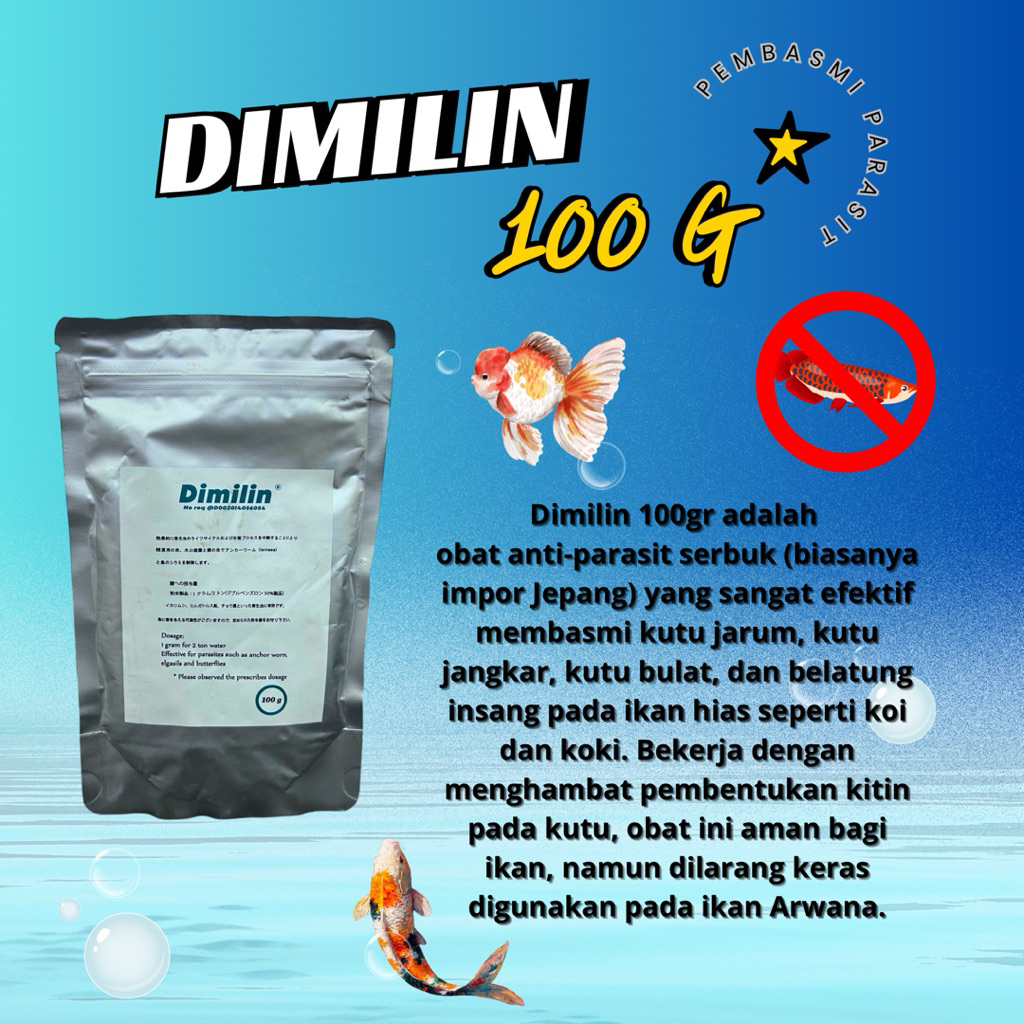 DIMILIN KUTU 100GR OBAT IKAN ANTI KUTU DAN PARASIT AIR KOLAM AQUARIUM