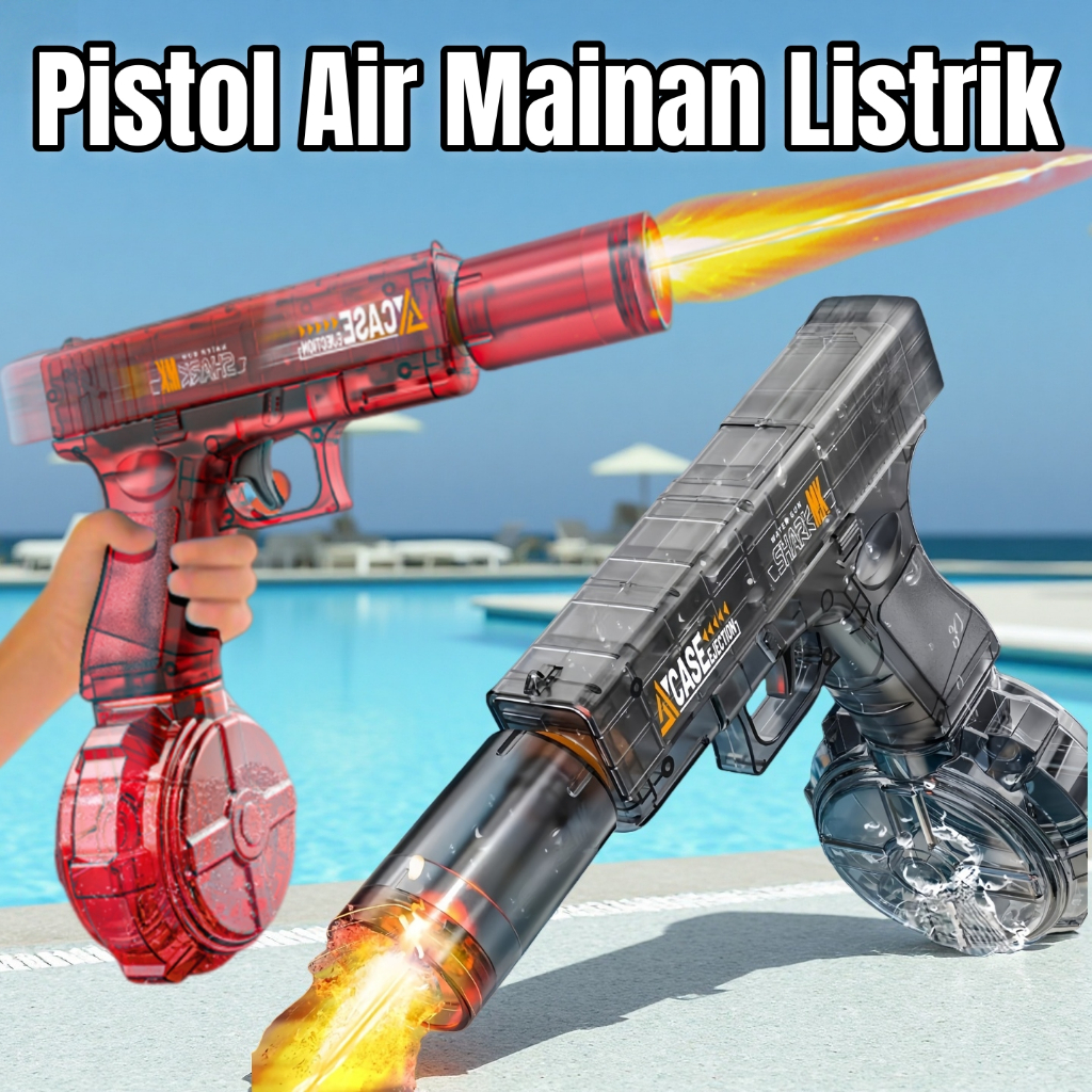 Mainan Anak Pistol Air Elektrik Model Glock dengan Semprotan Air Terus Menerus dan Efek Cahaya