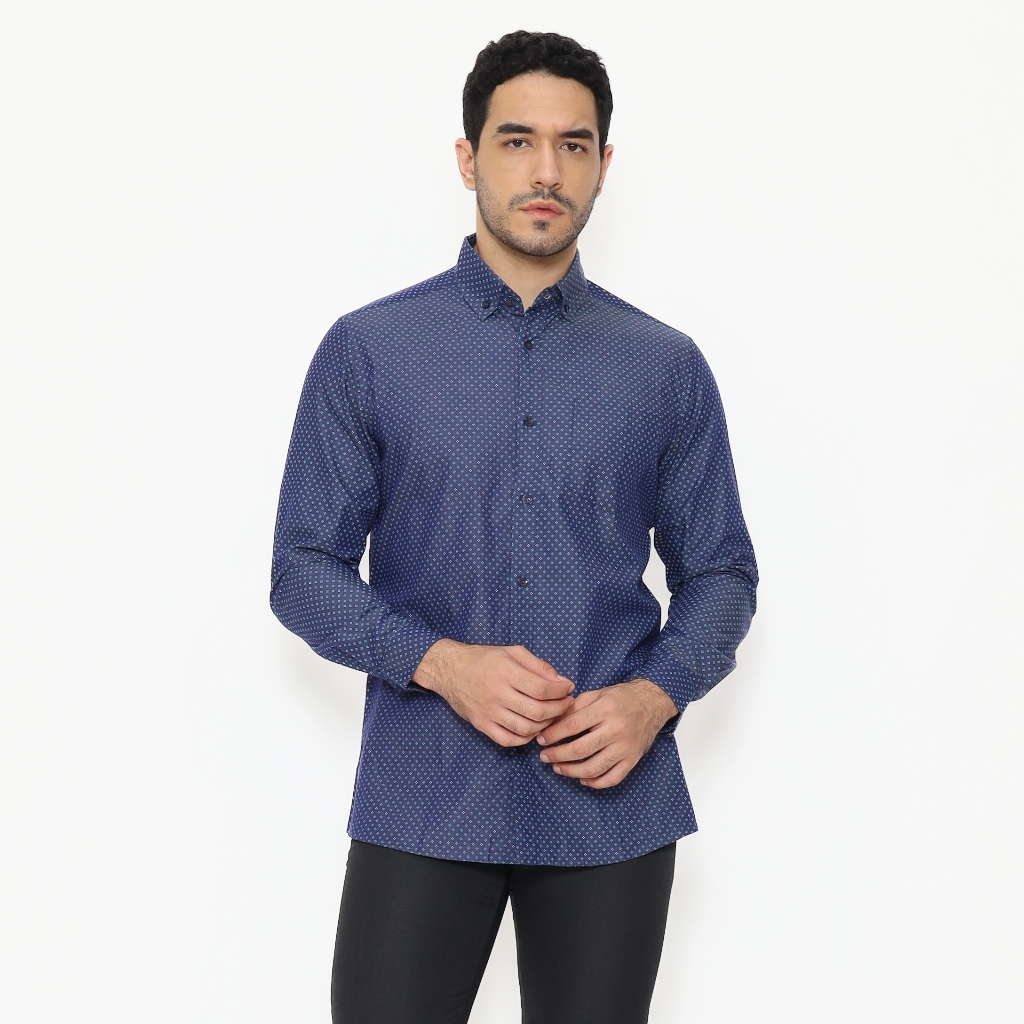 SCHOELLER NORWICH-MLNS Kemeja Formal Pria Slim Fit Biru Tua Motif Geometris Kecil Cotton