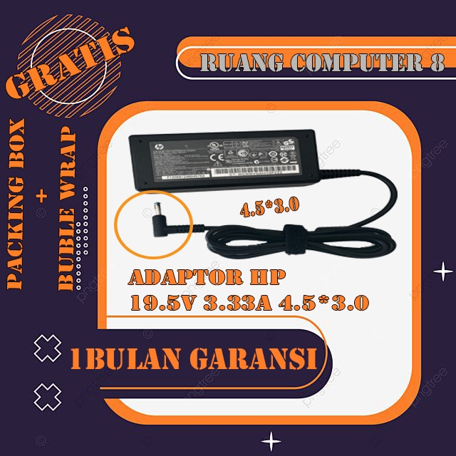 ADAPTOR CHARGER HP 14s-cf0055TX 14s-cf0065TX 14-bs129TX 14s-dk0076AU 19.5V-3.33A 4.5mm×3.0mm