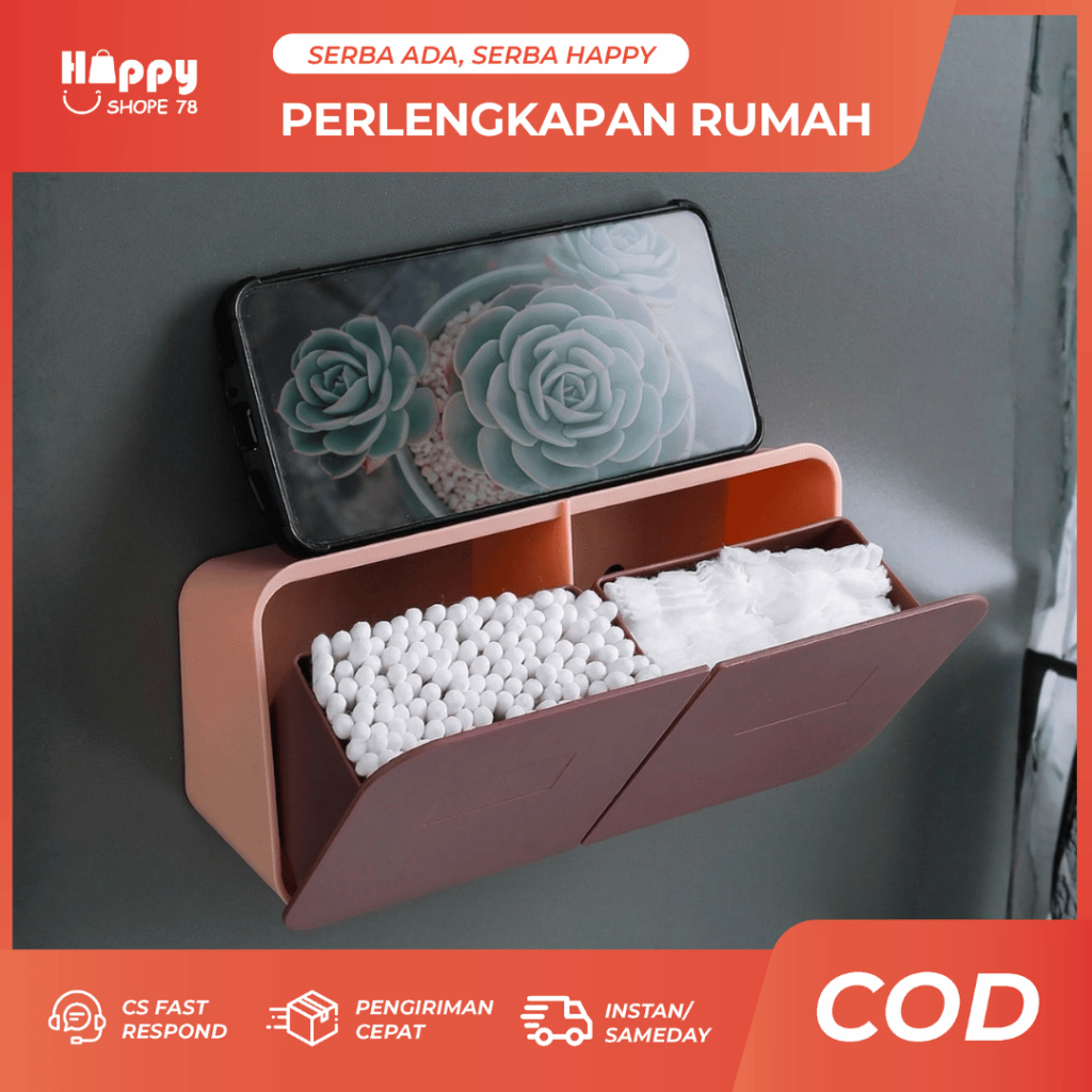 Rak Tempel Dinding Organizer 2in1 Kotak Kapas Cotton Bud Makeup