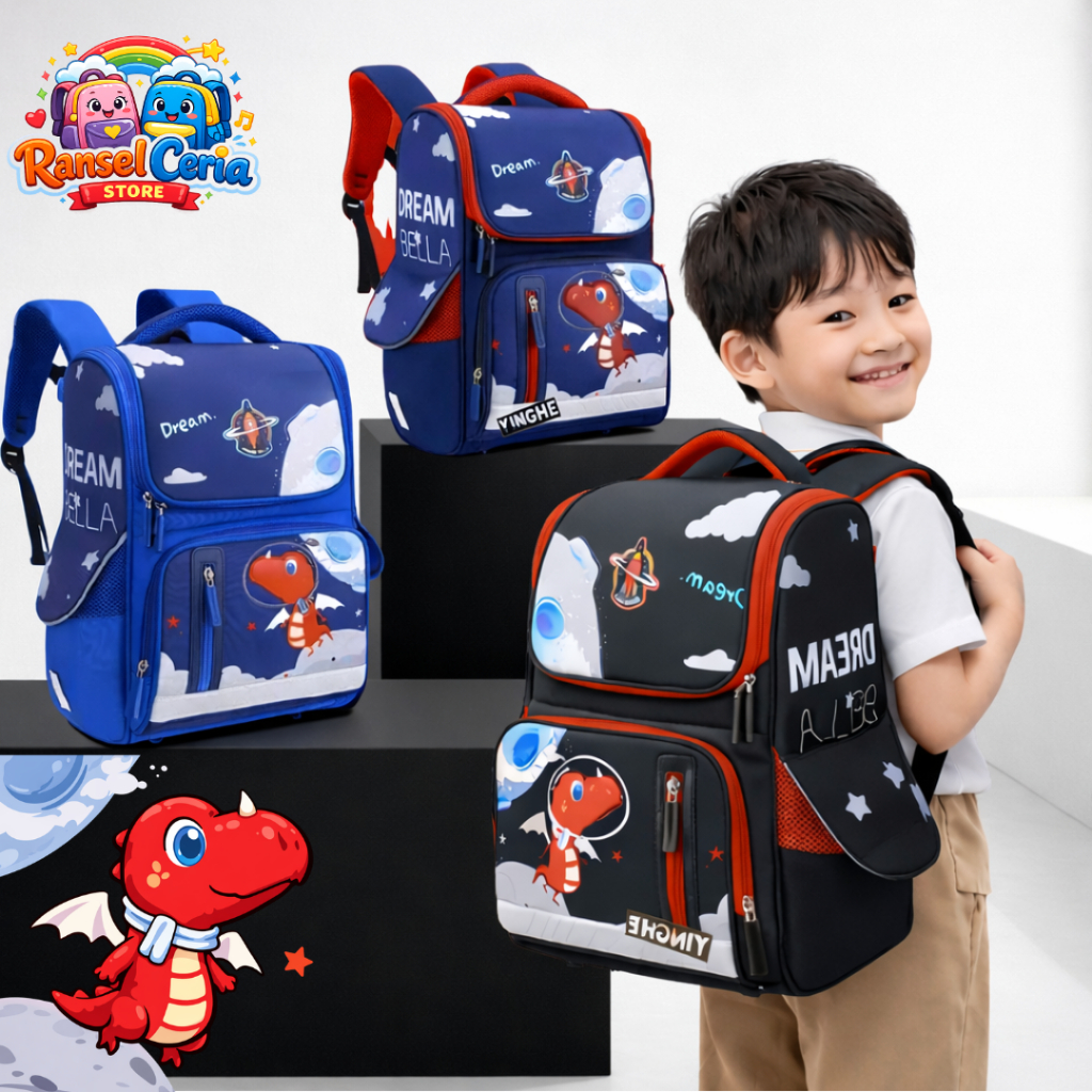 Tas Ransel Anak SD Motif Dinosaurus Astronot Anti Air Kapasitas Besar Tas Sekolah Anak Laki-Laki