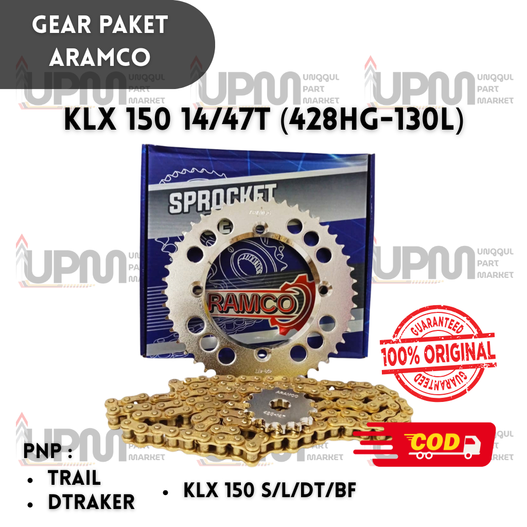 GEAR PAKET BAJA CHROME KLX 150 14/47T (428HG-130L) GIR SET CROM RANTAI GOLD ARAMCO