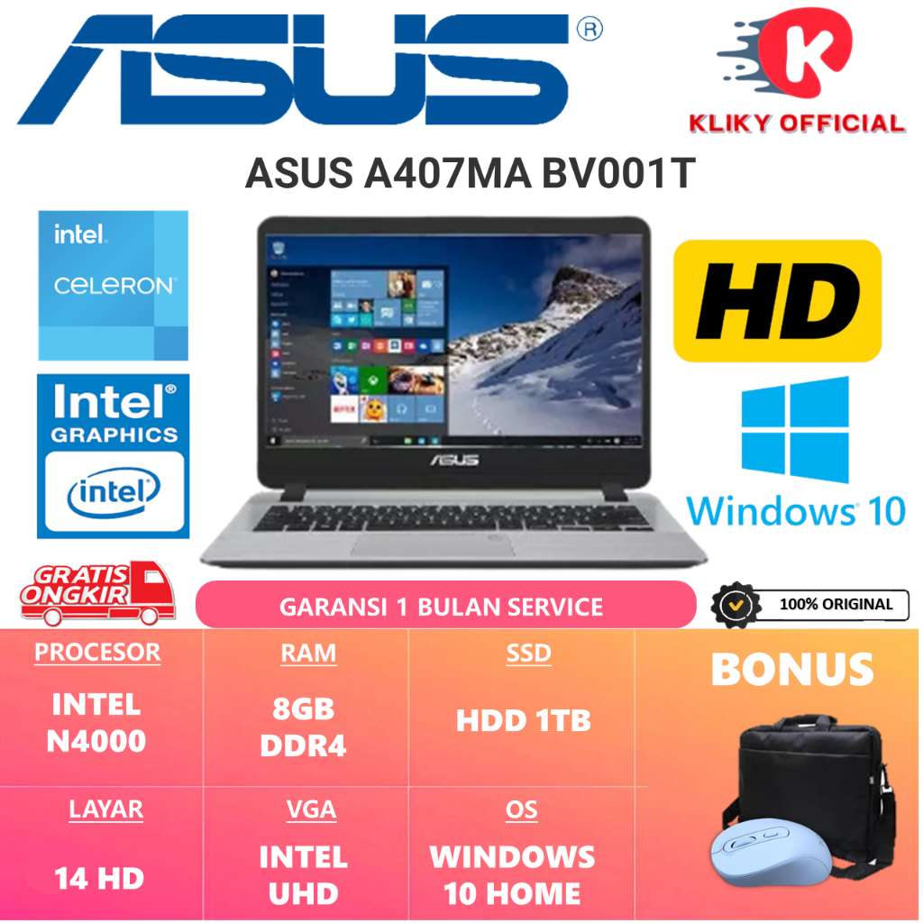 ASUS A407MA BV001T INTEL N4000 RAM 8GB 1TB HDD 14 HD SECOND