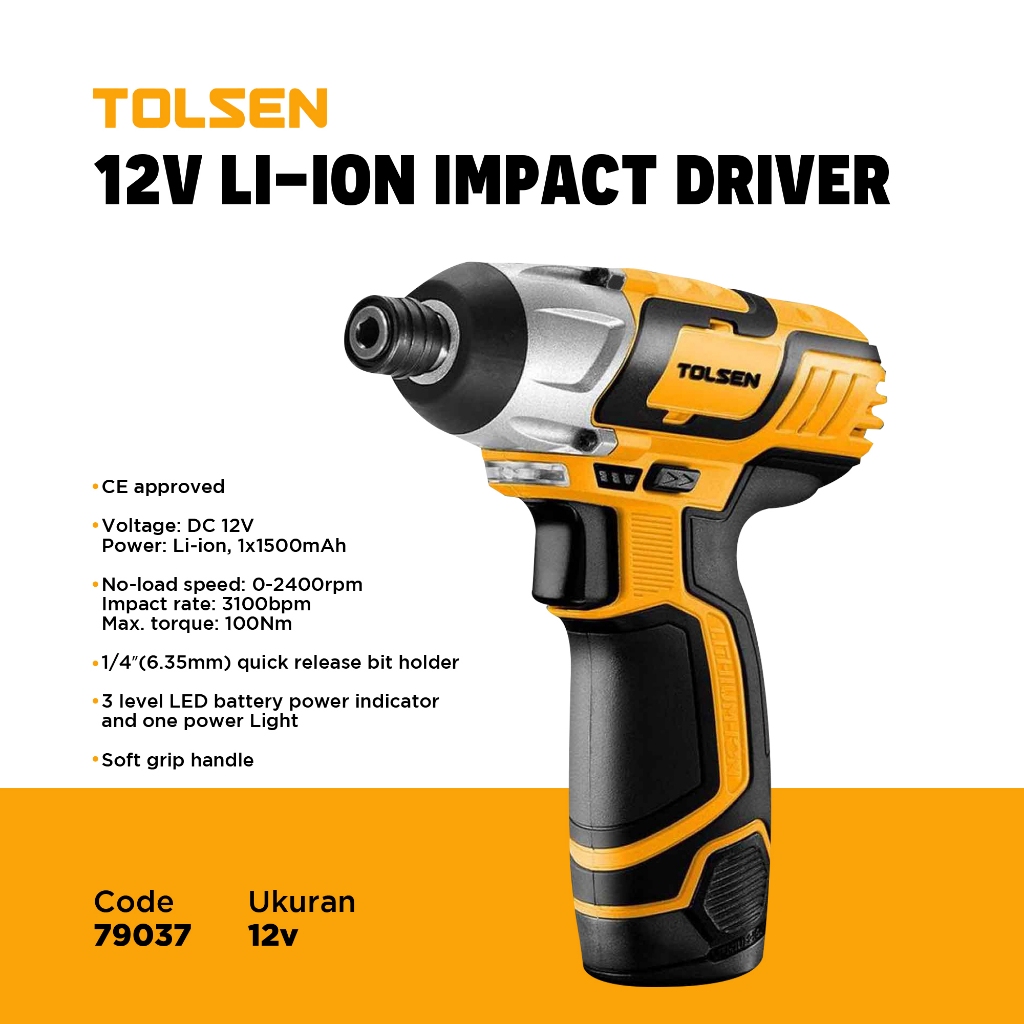 Tolsen 12V LI-ION Cordless IMPACT DRIVER Mesin bor 79037