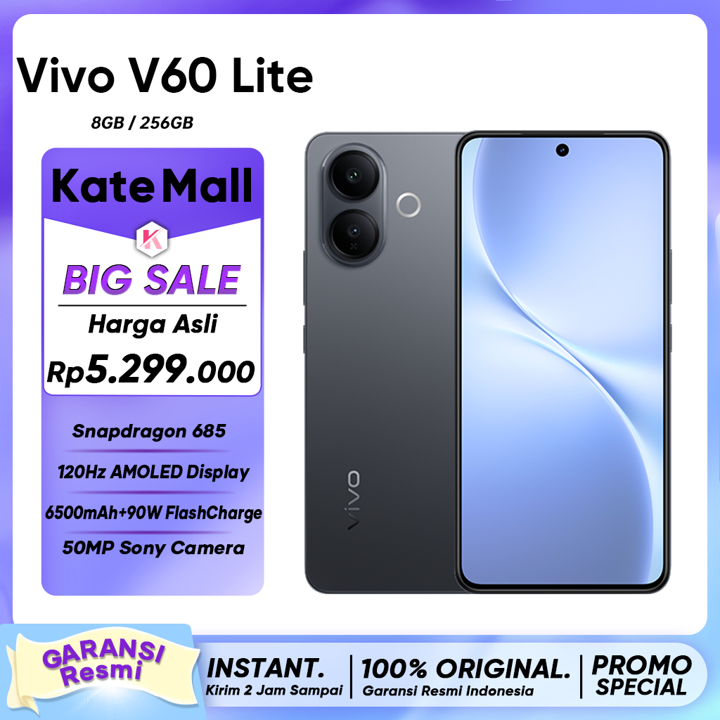 Vivo V60 Lite (8/256GB) - NFC, Snapdragon® 685, Dual Stereo Speaker, Garansi Resmi, Hp Terbaru 2025