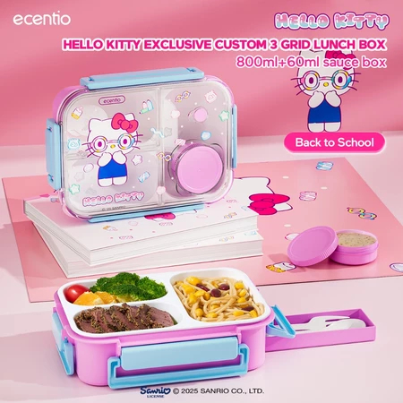 ecentio hello kitty set--ecentio Kotak Makan Set anti tumpah lunch box anak 800ml