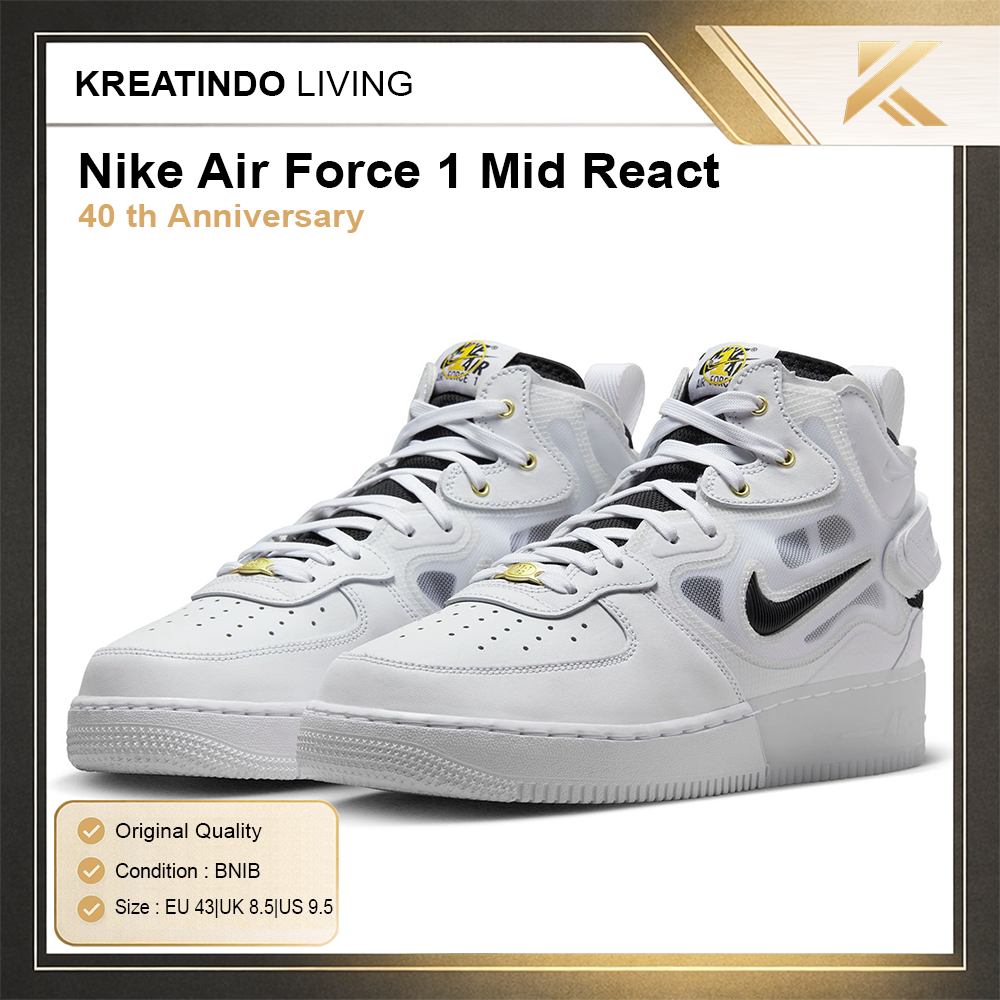 Nike Air Force 1 Mid React 40th Anniversary White Black Gold BNIB | Sneakers Pria Original Quality |