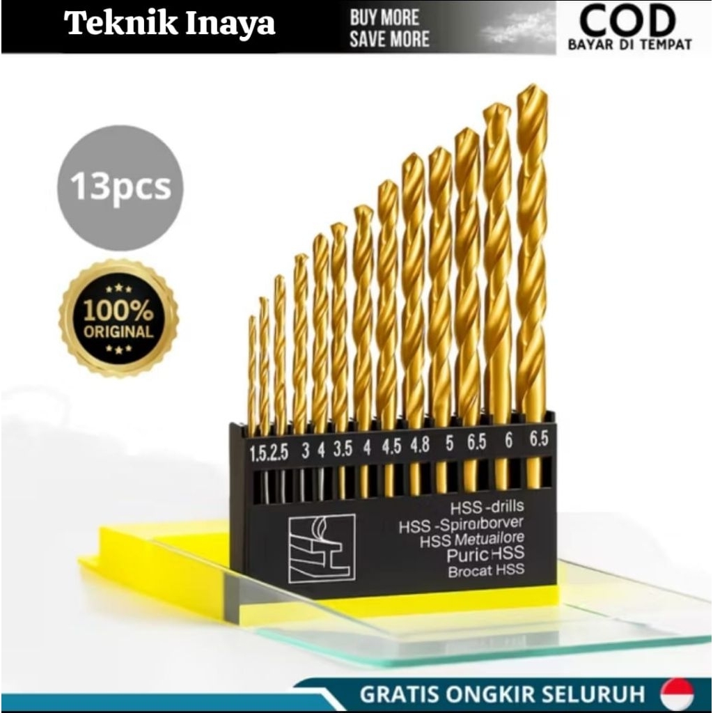 UCHIHA 13pcs Mata Bor Besi Set HSS 1.5mm - 6.5mm Pegangan Bulat Quick Change