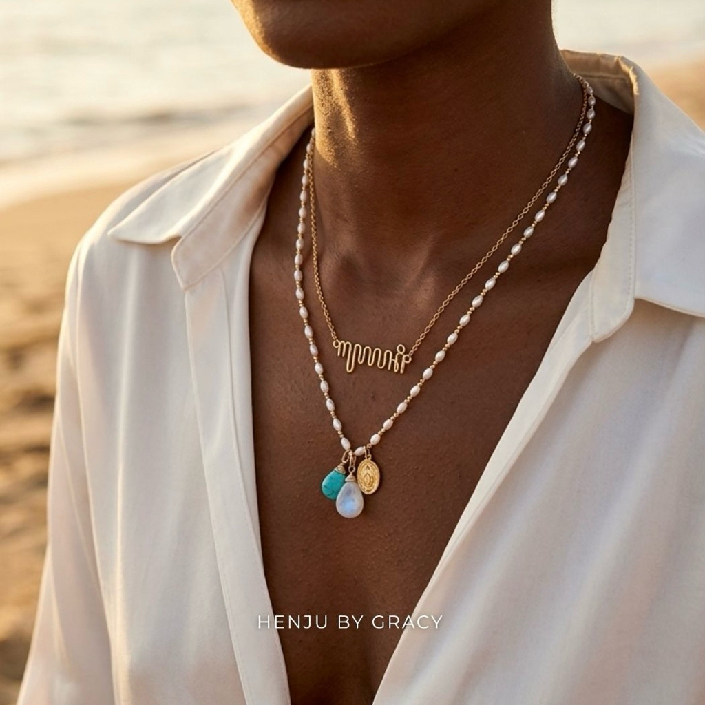 Henju by Gracy | Freshwater Pearl Necklace with Charms Mother Mary, Turquoise Pendant, Moonstone Pen