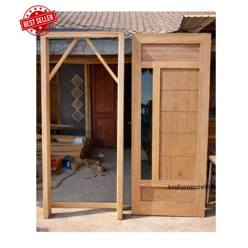 Ready stock daun pintu+kusen 1set motif lis kaca kayu mahoni