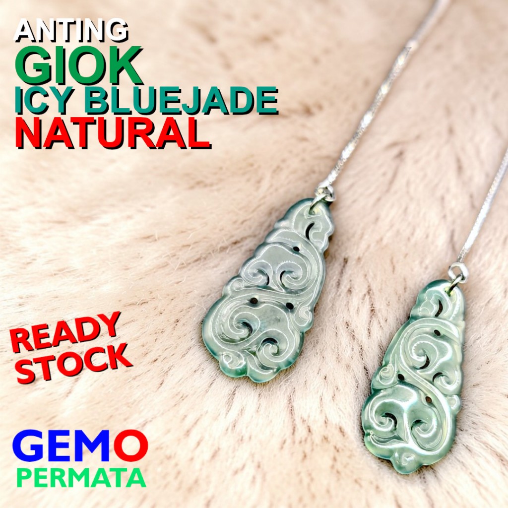 Anting Batu Giok Giwang Icy Blue Jade Asli / Jadeite Natural cocok untuk Fengshui