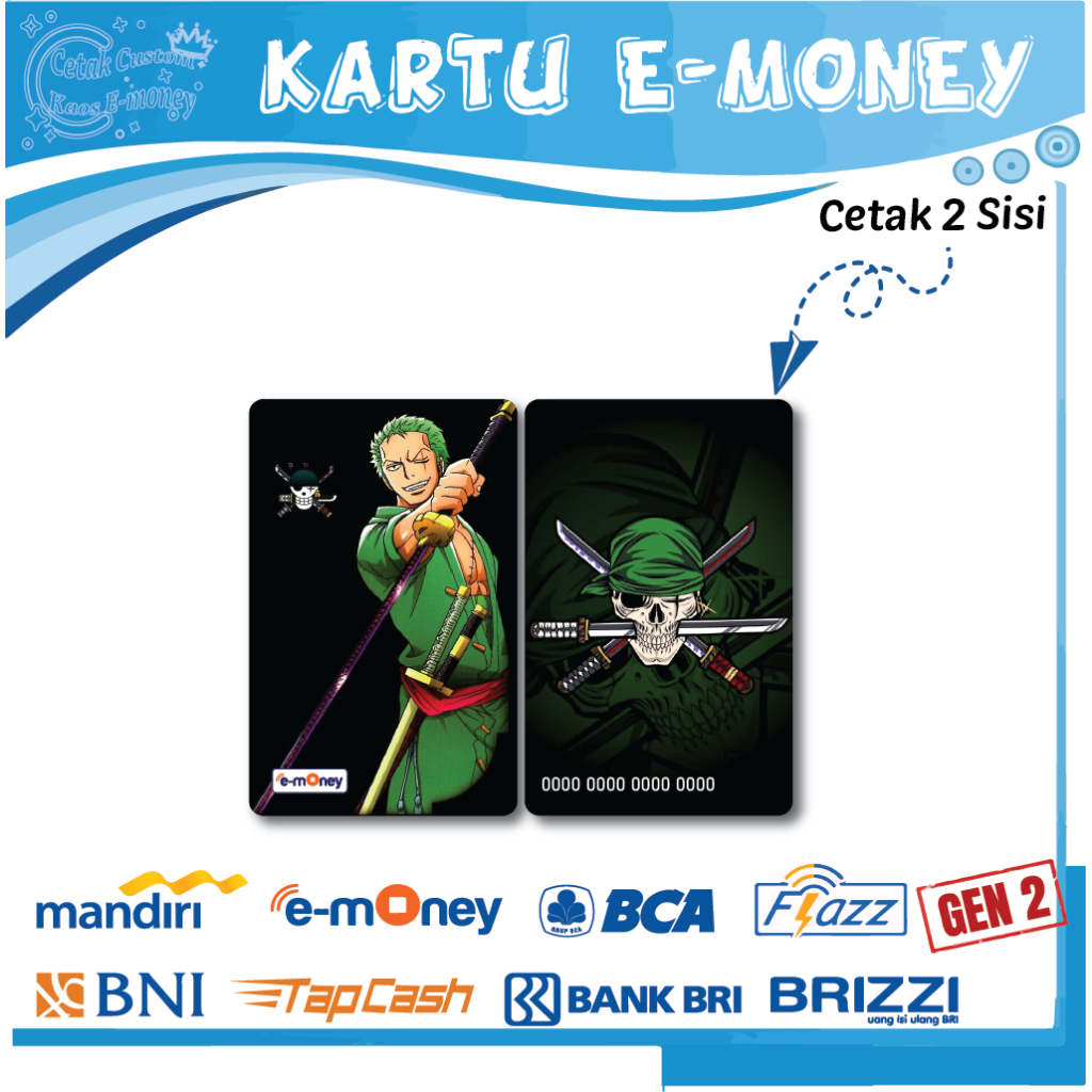 KARTU E MONEY E TOLL KARTUN ONE PIECE KUMPULAN EMONEY MANDIRI BNI TBRI BCA - 2 SISI