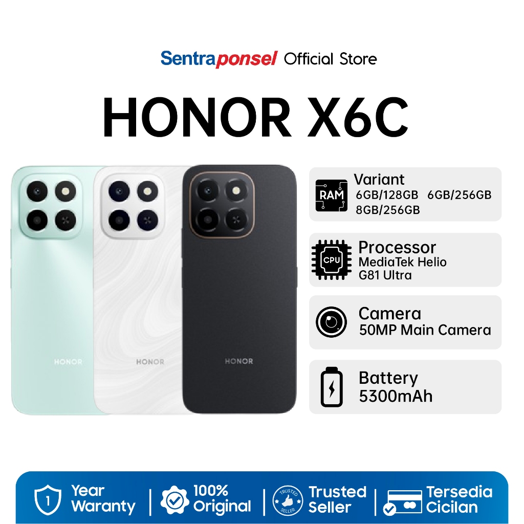 HONOR X6C 6GB/256GB NFC MediaTek Helio G81 Ultra, 5300mAh 35W | Garansi Resmi Honor Indonesia 1 Tahu