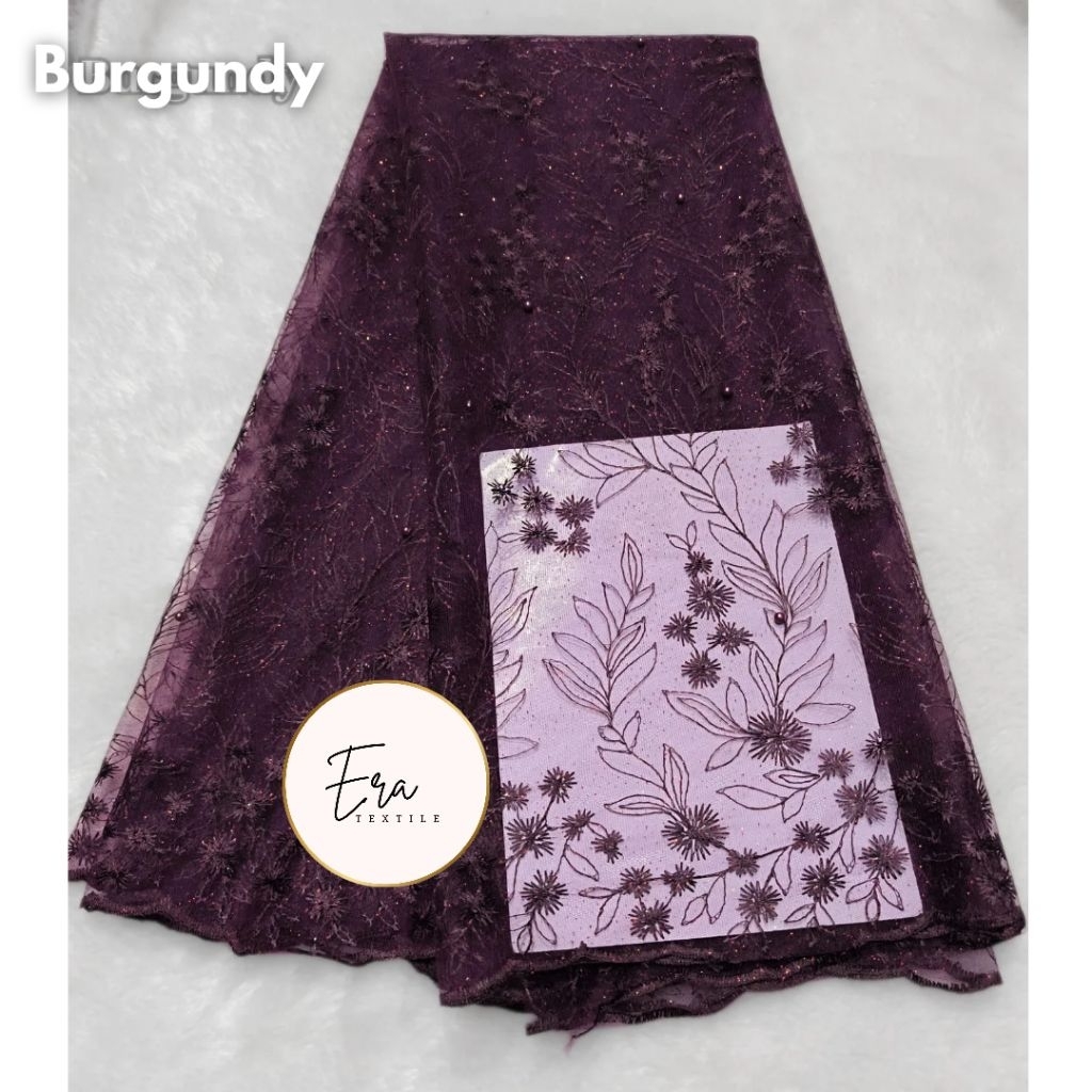 Kain Brokat Tile Motif Sakura, Kain Brukat Meteran Warna Burgundy, Mahogany, Denim, Kain Brokat untu