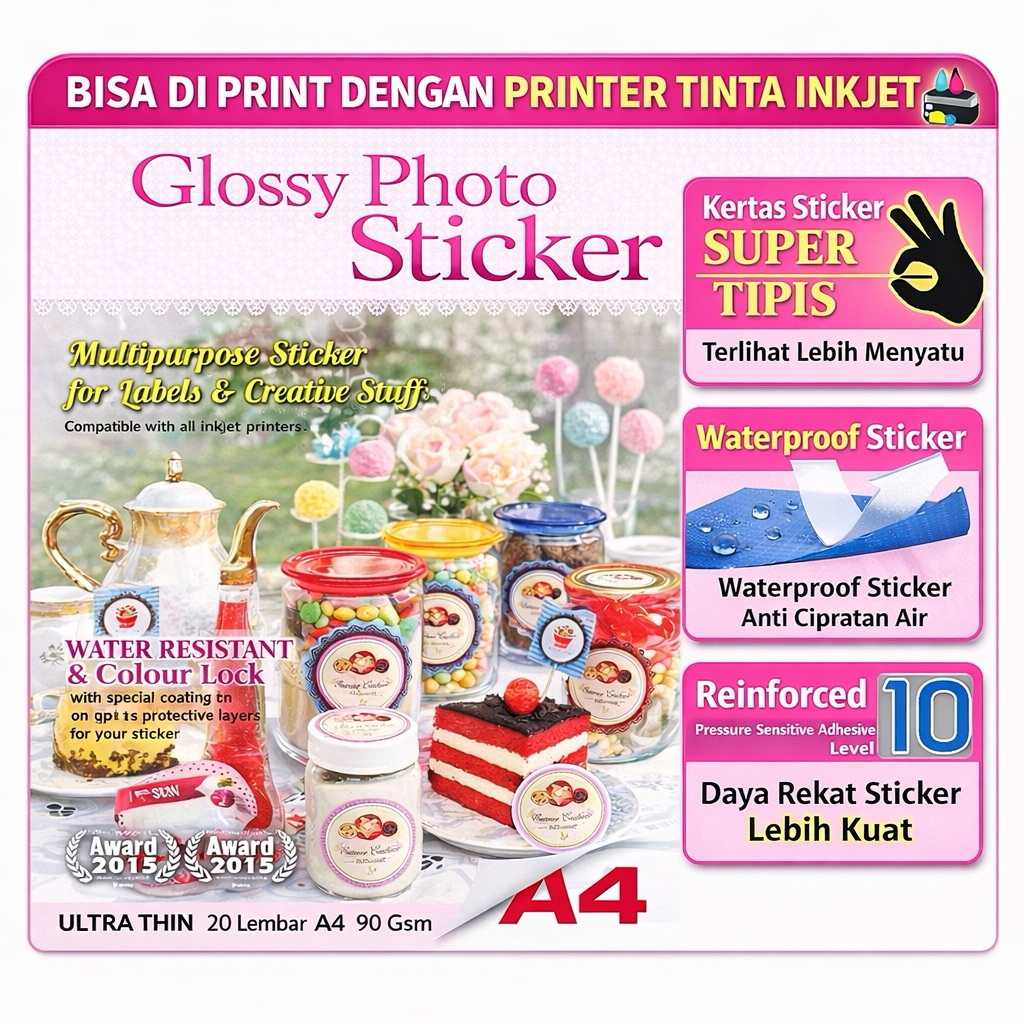 kertas stiker glossy A4 inject printer 140gsm support printer inject canon, JP, epson