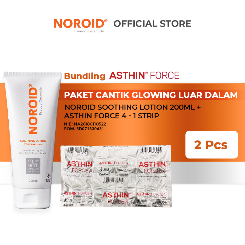 Paket Anti Penuaan Dini (Noroid Soothing Lotion 200ml + Asthin Force 4-1 Strip)