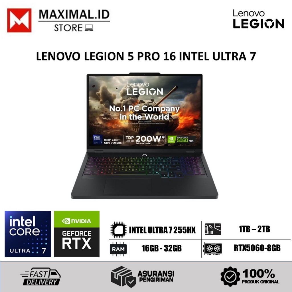 Laptop Lenovo Legion 5 Pro 16 Intel Ultra 7 255HX 16GB DDR5 2TB RTX5060-8GB WQXGA OLED Win11