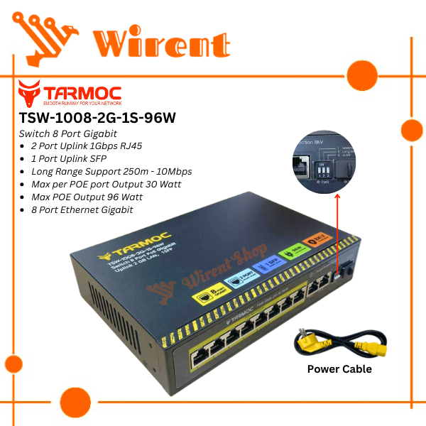 Tarmoc TSW-1008-2G-2S-120W, 8 Port Gigabit POE 802.3af/at POE Switch 120W