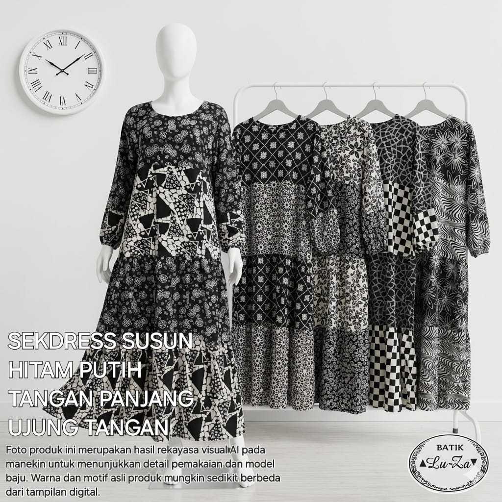 LUZA ORI asli pekalongan longdress susun canda PW tangan panjang karet gamis batik pondon putri moti