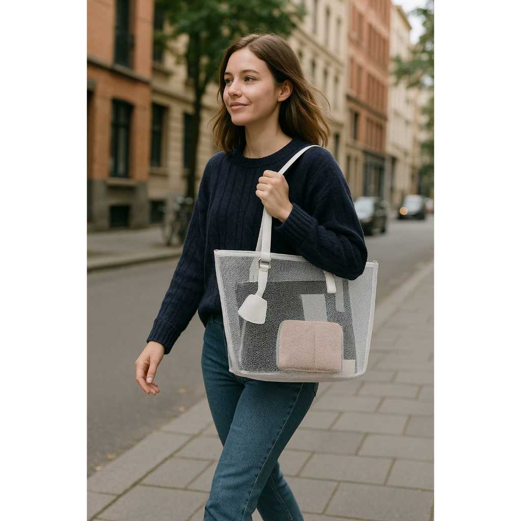 Tote bag mika jaring transparan tote mika pvc tote transparan