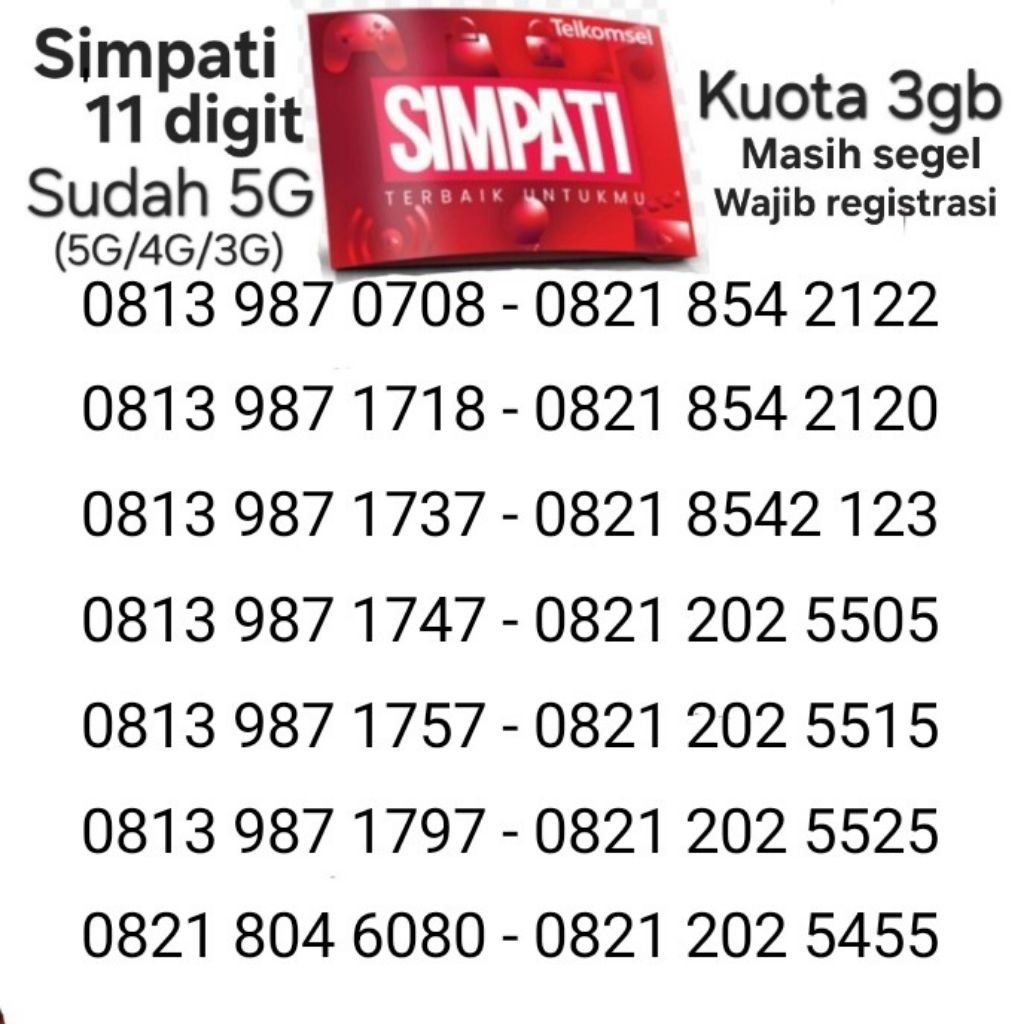 Nomor Cantik Simpati 11 Digit Paket 3gb Kuota 3 Gb Telkomsel Kartu AS Loop Perdana Murah Termurah