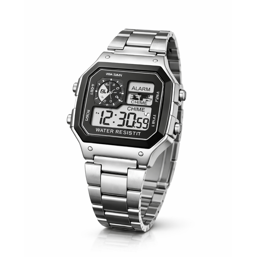 Jam Tangan Pria Digital Anti Air WR30M Stainless Steel – LED Alarm Stopwatch Sport