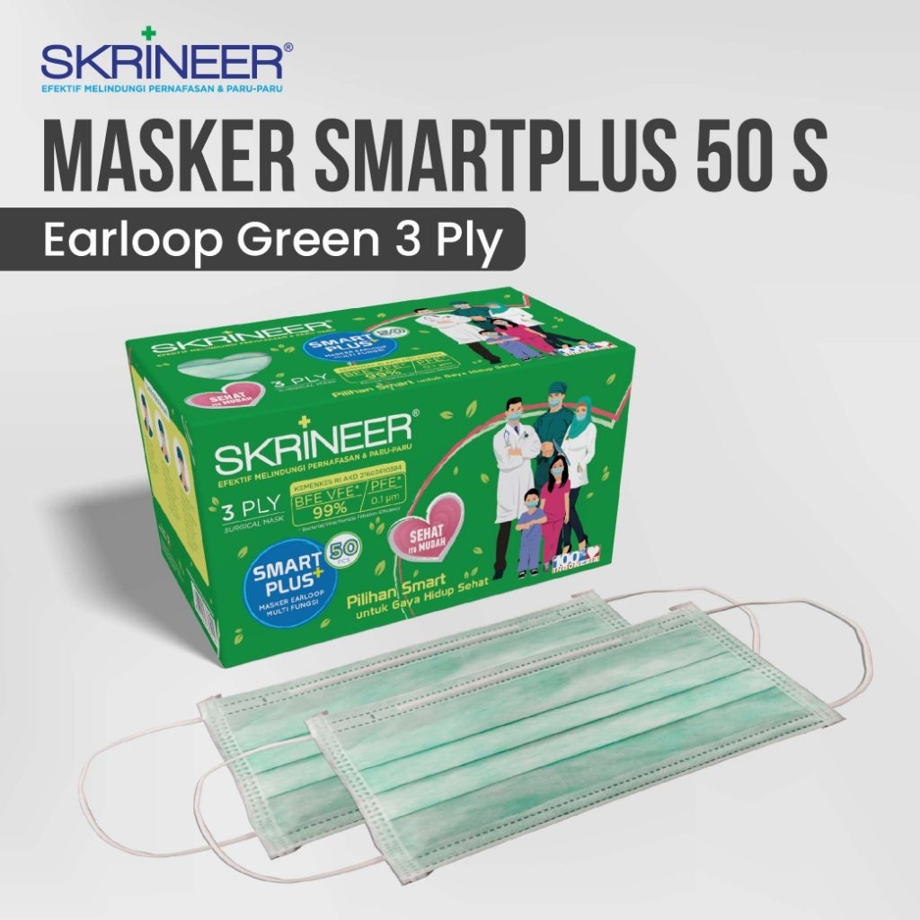 SKRINEER Masker Earloop Isi 50Pcs - Smart Plus Multifungsi Medis / Anak / Hijab / Dewasa 3D Mask