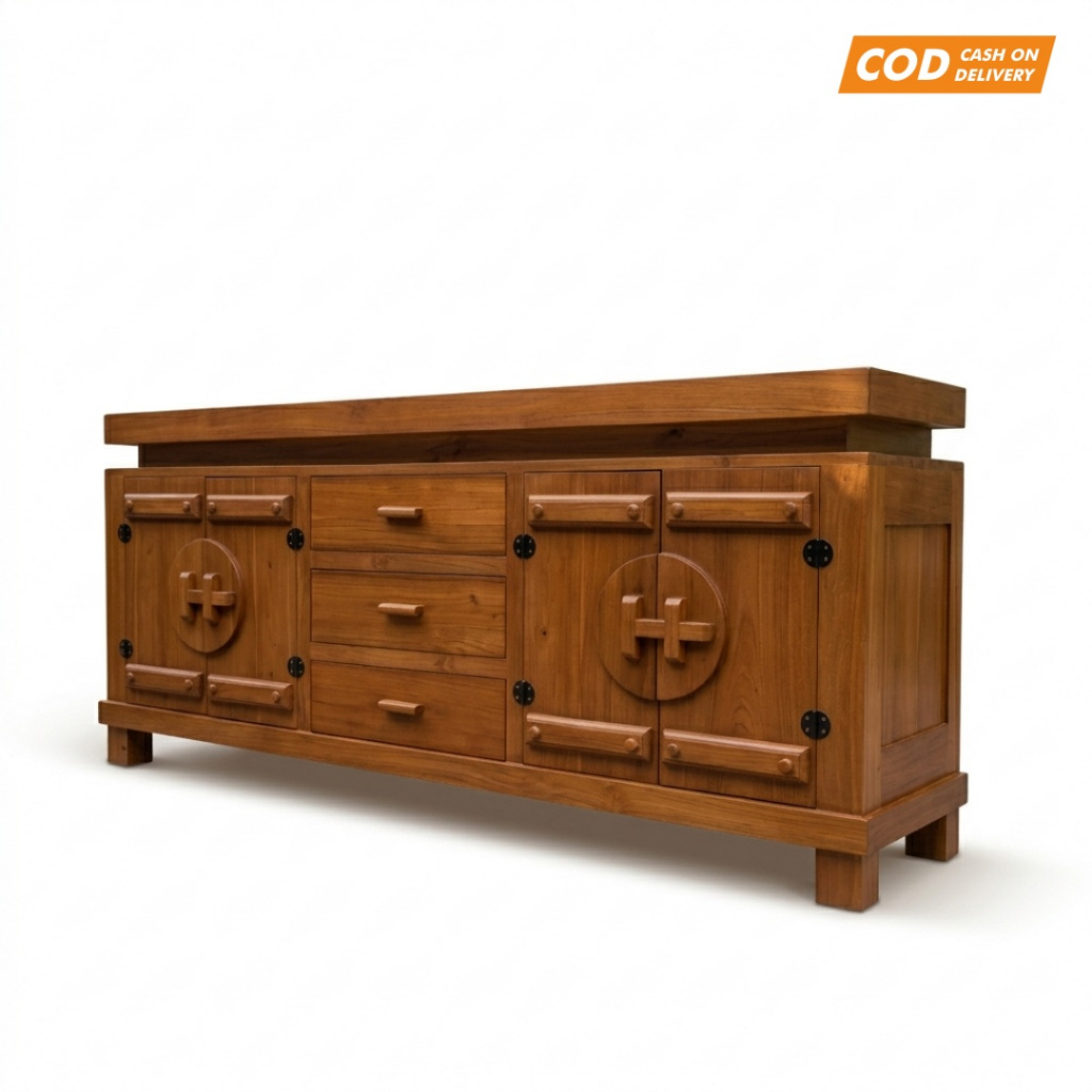 Bufet TV Meja TV Minimalis Kayu Jati Sideboard Lemari Hias Ukir Modern - Bufet Pendek Serbaguna