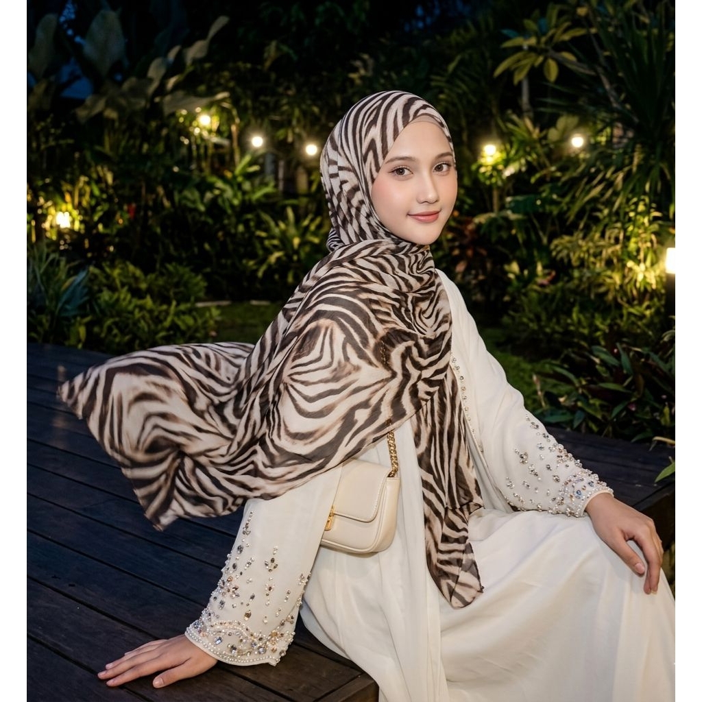 Hijab Pashmina Panjang motif Zebra mudah di bentuk keluaran terbaru