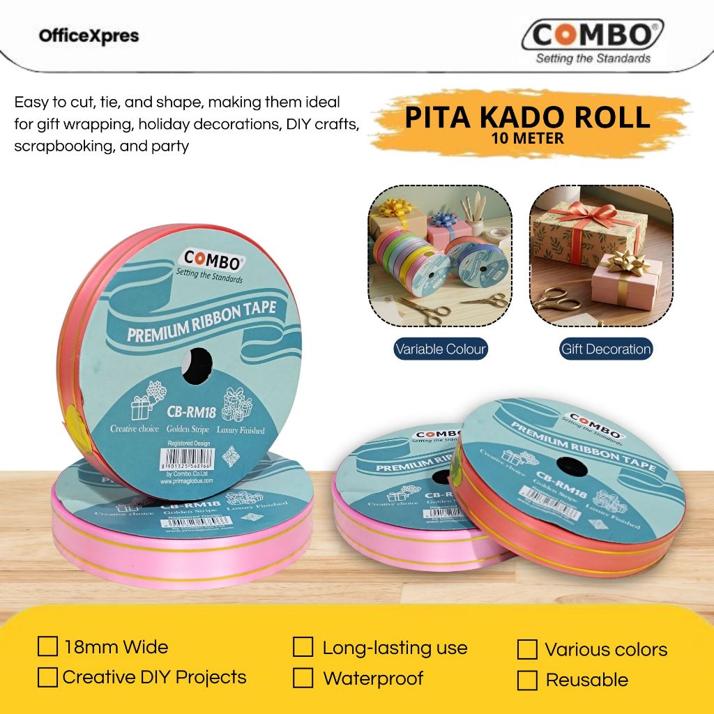 Pita Roll 18mm / Pita Kado Roll / Premium Ribbon Tape Golde Stripe / Pita Jepang Plastik 10 Meter