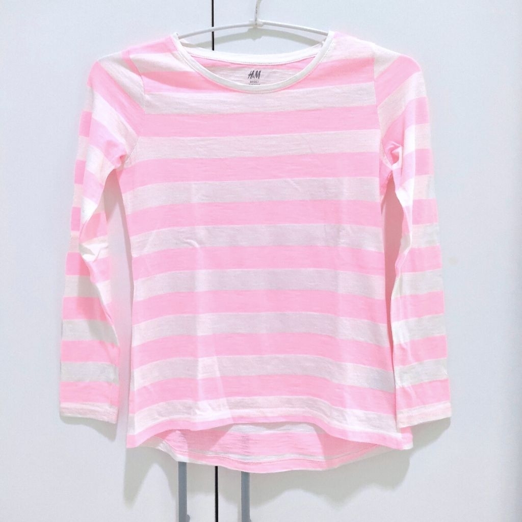 (preloved) H&M Kids Girl Anak Perempuan 8-10Y - Kaos Lengan Panjang Stripe Putih Pink