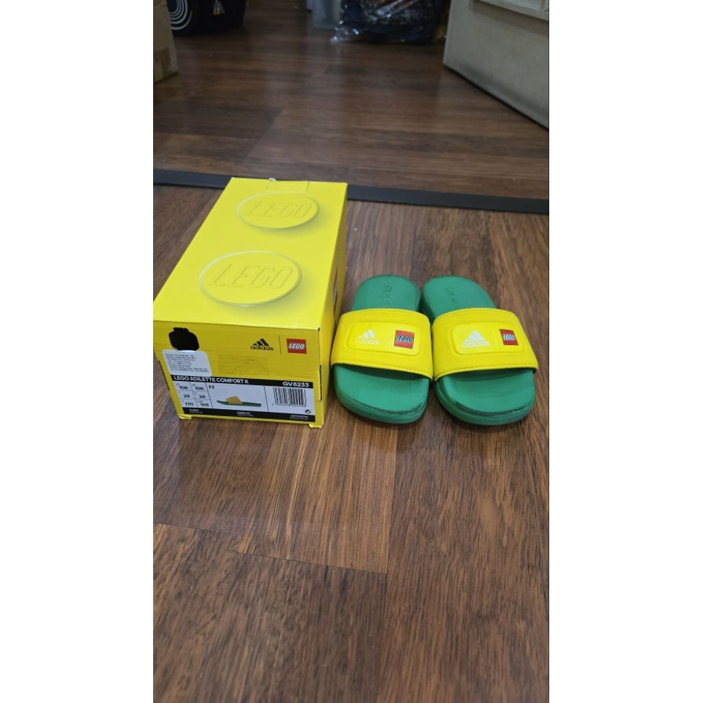 LEGO Adidas Kids Adilette Comfort Sandal (Preloved, good condition) Kids Size 10K yellow green colou