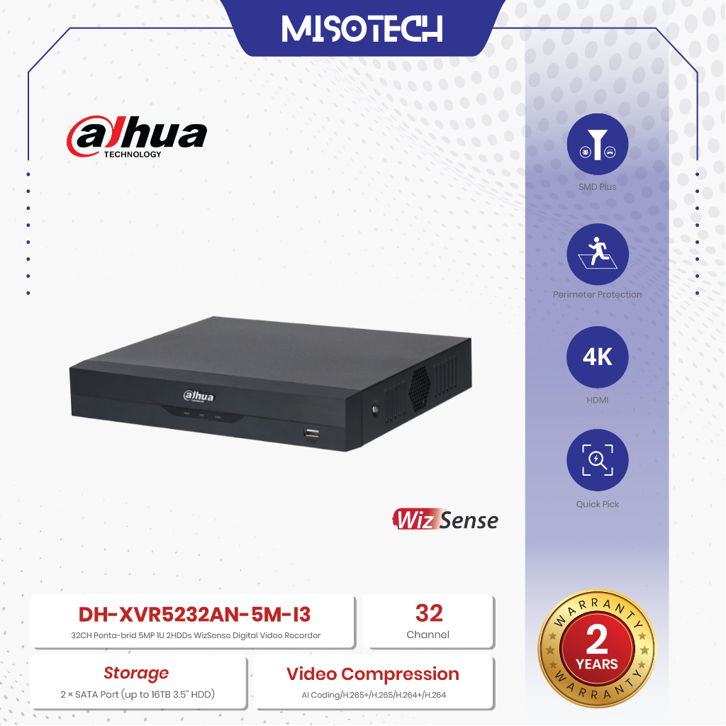 Dahua DH-XVR5232AN-5M-I3 32 Channel DVR 5MP XVR True 3K 1 SATA AI WizSense Series