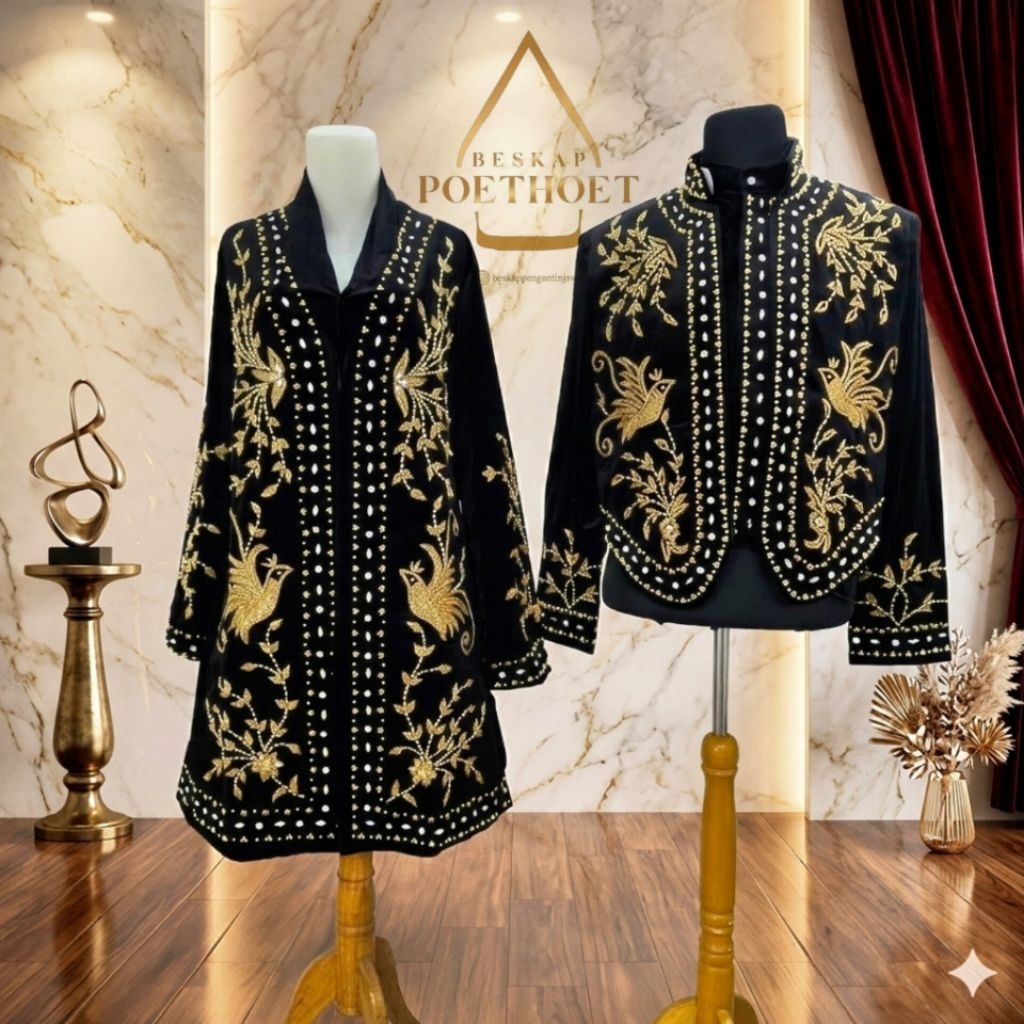 ADA KUTUBARUNYA !!! Sepasang Kebaya dan Beskap  Bludru Pengantin Adat Jawa Hitam Payet Gold Solo Put