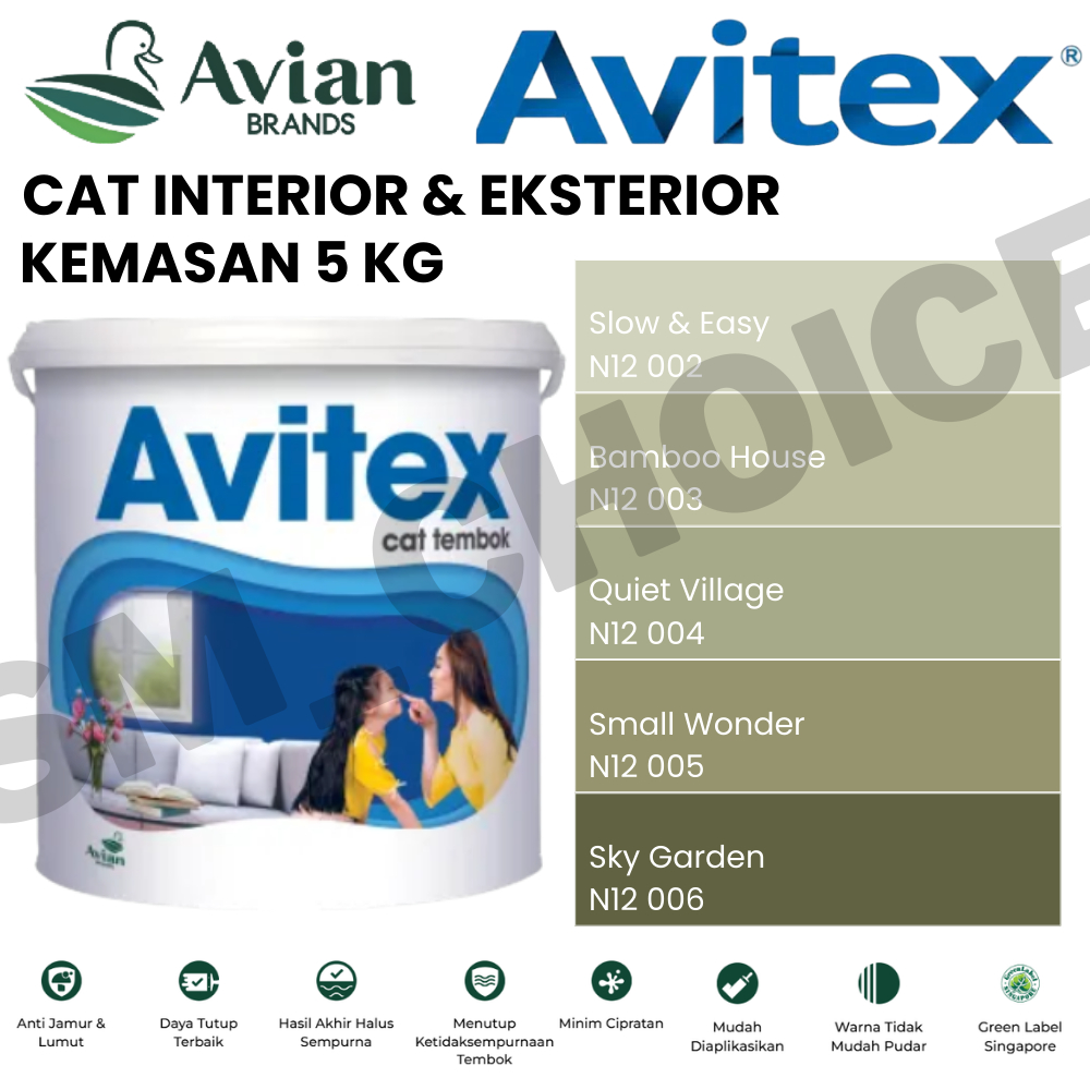 AVIAN AVITEX INTERIOR 5KG CAT TEMBOK 5KG HIJAU SAGE / SAGE GREEN / HIJAU 5KG CAT TEMBOK INTERIOR