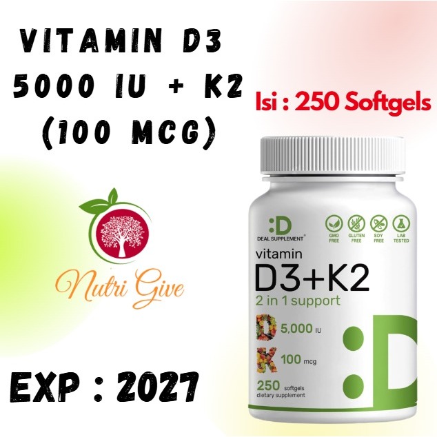Deal Vitamin D3 5000IU + K2 100mcg (MK-4)(MK-7) isi 250 softgel D3 10000iu +k2 200mcg