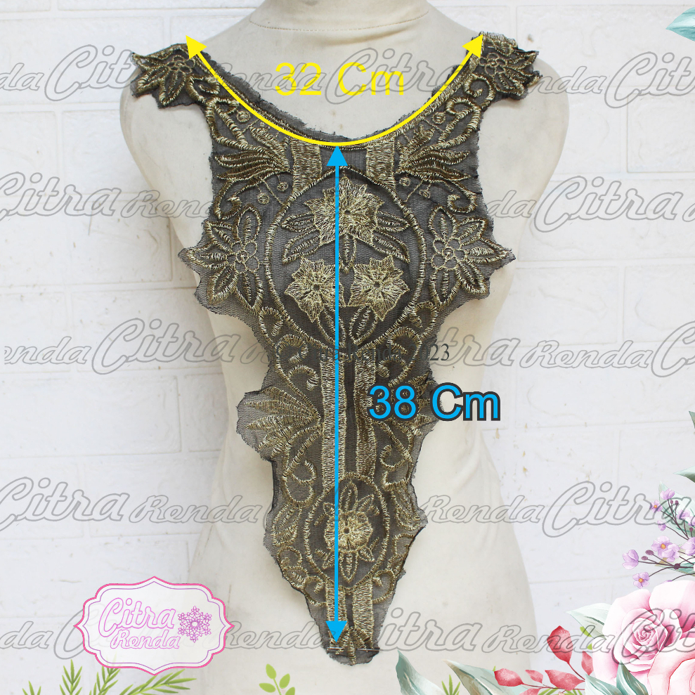 (Per Pcs) AP578 Bordir Aplikasi Tempel / Renda Leher / Aplikasi Kerah Cantik Gold