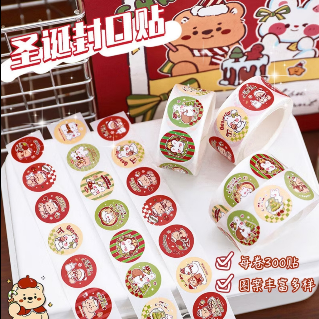VAC Sticker Roll Edisi Natal Lucu Beruang Kelinci 300pcs - Thank You Sticker Roll Bunny & Bear Chris